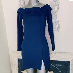 Bobi Black Los Angeles Off-Shoulder Blue Mini Dress with Side Slit